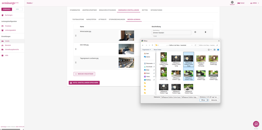 Neuer Bilderupload im seminargo Hotelprofil: mehrere Fotos im Dateibrowser auswählen